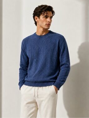 I Levrieri Men’s Cashmere Silk Cable Knit Sweater Blue Size L Made in Italy